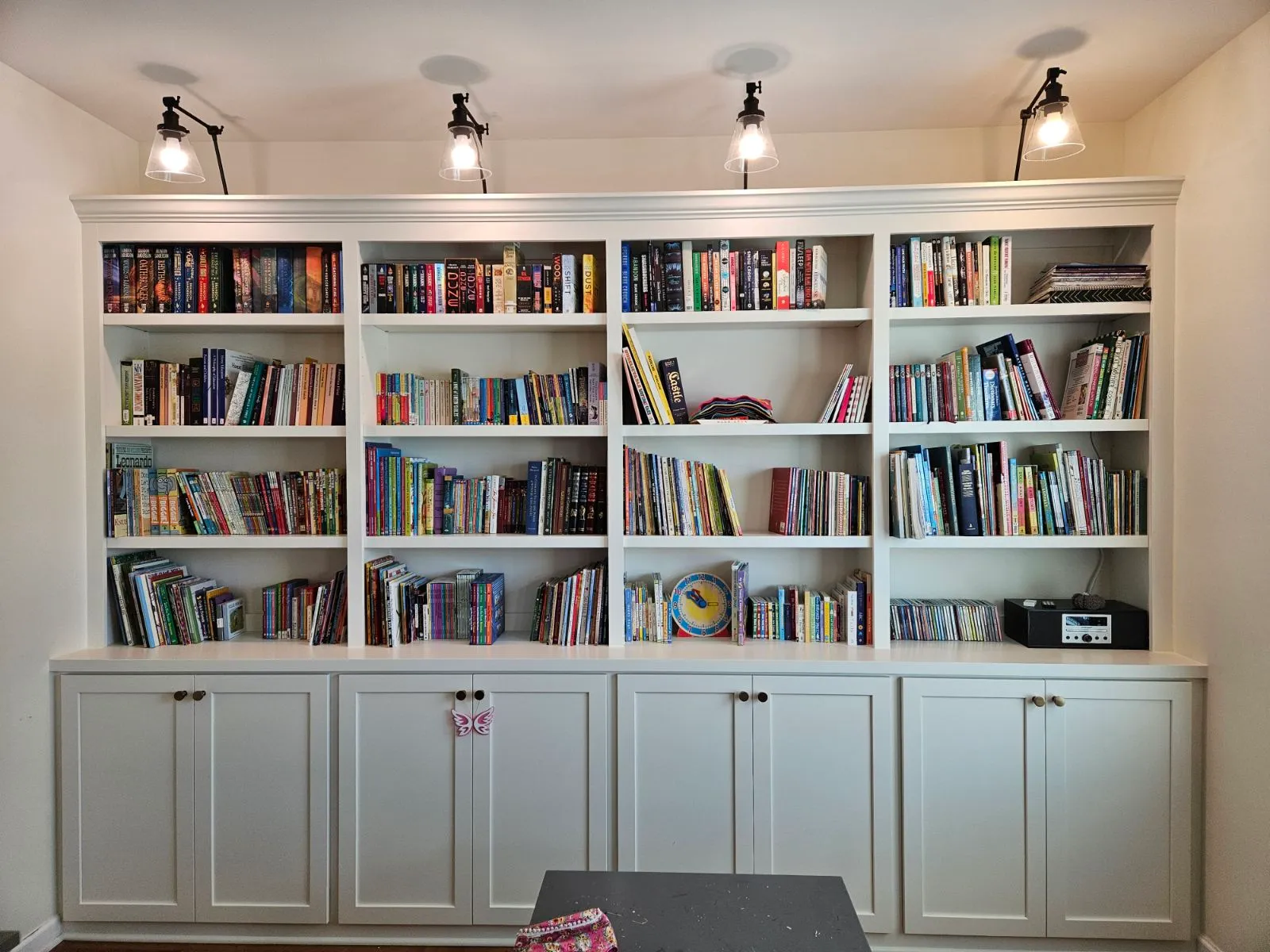 White library bookcase with lower cabinet storage and black track lighting